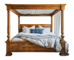 clássico de madeira quatro colunas cama com elegante roupa de cama, cortar Fora - estoque .. png