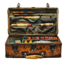 Vintage fishing tackle box fully stocked with rods and reels, cut out - stock .. png