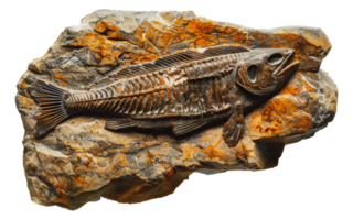 Detailed fish fossil on rock, cut out - stock .. png