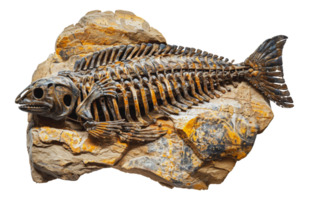 Detailed fish fossil on rock, cut out - stock .. png