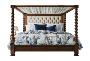 Luxury wooden canopy bed with blue and white bedding, cut out - stock .. png