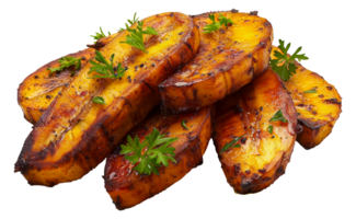 Fresh grilled plantain slices with parsley garnish, cut out - stock .. png