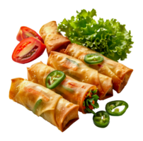 Spicy vegetable spring rolls with jalapeno garnish, cut out - stock .. png