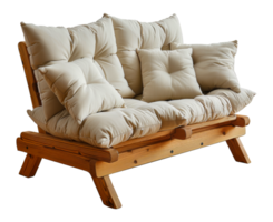 Beige cushioned wooden sofa with plush pillows, cut out - stock .. png