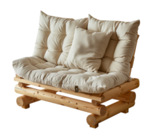 Beige cushioned wooden sofa with plush pillows, cut out - stock .. png