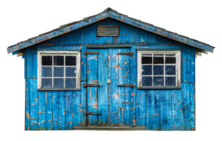 Weathered blue wooden shed with rustic appeal, cut out - stock .. png