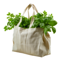 Canvas tote bag filled with fresh herbs, cut out - stock . png