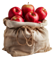 Fresh red apples in a burlap sack, cut out - stock .. png