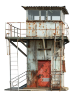 Rusty metal observation tower with red door, cut out - stock .. png