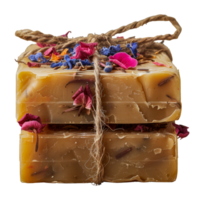 Handmade soap bars tied with twine and natural additives, cut out - stock . png