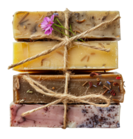 Handmade soap bars tied with twine and natural additives, cut out - stock . png