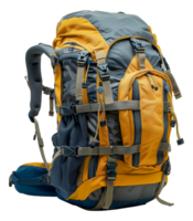 High-capacity hiking backpack in yellow and blue, cut out - stock .. png