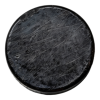 Well-used black hockey puck with scratches, cut out - stock .. png