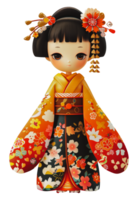 Traditional Japanese geisha doll dressed in orange kimono, cut out - stock .. png