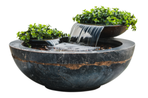 Lush garden fountain with cascading water and green plants, cut out - stock .. png