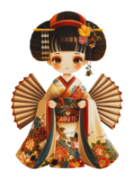 Traditional Japanese geisha doll dressed in orange kimono, cut out - stock .. png