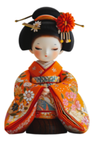 Traditional Japanese geisha doll dressed in orange kimono, cut out - stock .. png