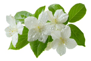 Branch of white flowers with lush green leaves, cut out - stock .. png