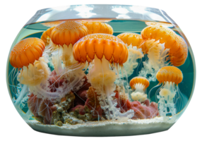 Orange jellyfish in a round aquarium, cut out - stock .. png