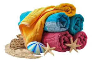 Beach towels with starfish and summer beach ball, cut out - stock .. png