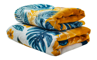 Colorful beach towels with tropical leaf patterns, cut out - stock .. png