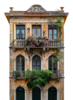 Floral decorated balcony on a historic building facade, cut out - stock .. png