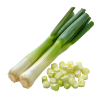 Fresh green leeks and sliced pieces, cut out - stock .. png