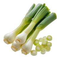 Fresh green leeks and sliced pieces, cut out - stock .. png