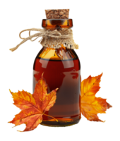 Maple syrup in a rustic bottle with autumn leaves, cut out - stock .. png
