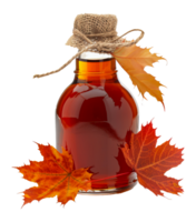 Maple syrup in a rustic bottle with autumn leaves, cut out - stock .. png