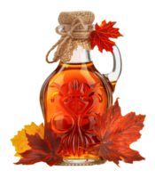 Decorative glass bottle of maple syrup with leaves, cut out - stock .. png