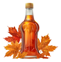 Maple syrup in a rustic bottle with autumn leaves, cut out - stock .. png