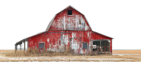 Weathered red barn in golden field, cut out - stock .. png