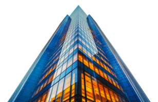 Glass tower illuminated at dusk in urban skyline, cut out - stock . png