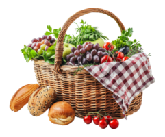 Wicker picnic basket with colorful vegetables and fruits, cut out - stock . png