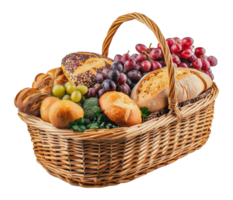 Picnic basket filled with bread, grapes and fresh produce, cut out - stock . png