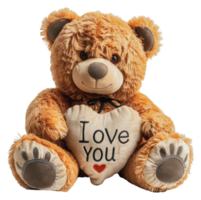 Teddy bear with knit heart pillow saying 'Love You', cut out - stock . png