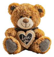 Teddy bear with knit heart pillow saying 'Love You', cut out - stock . png