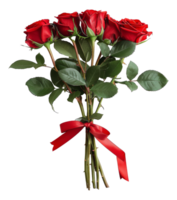 Elegant bouquet of red roses with green leaves, cut out - stock . png