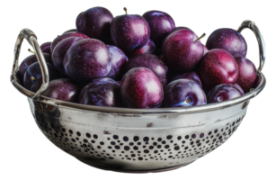 Fresh ripe plums with water drops in metal colander, cut out - stock . png