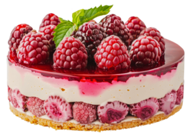 Raspberry cheesecake with fresh berries on top, cut out - stock . png