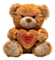 Teddy bear holding a red heart with 'Love You' message, cut out - stock . png