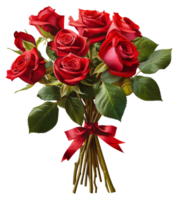 Elegant bouquet of red roses with green leaves, cut out - stock . png