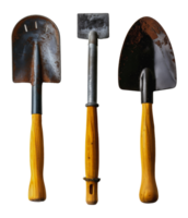 Rusty garden tools with wooden handles, cut out - stock . png