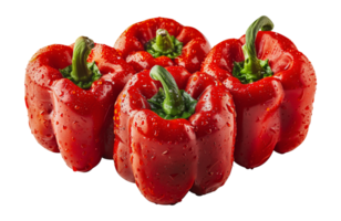 Fresh red bell peppers with water droplets, cut out - stock . png