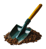 Green gardening spade in a pile of soil, cut out - stock . png