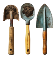 Rusty garden tools with wooden handles, cut out - stock . png