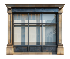 Vintage storefront with metal frame and glass windows, cut out - stock . png