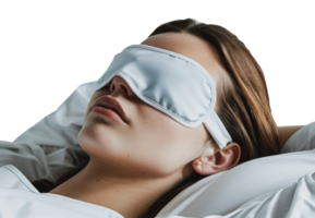 Woman wearing white sleep mask lying down, cut out - stock . png