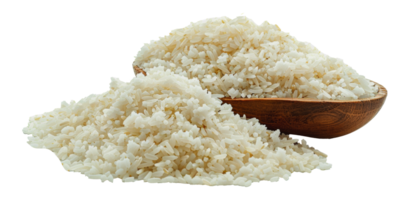 Uncooked white rice in wooden bowl, cut out - stock . png